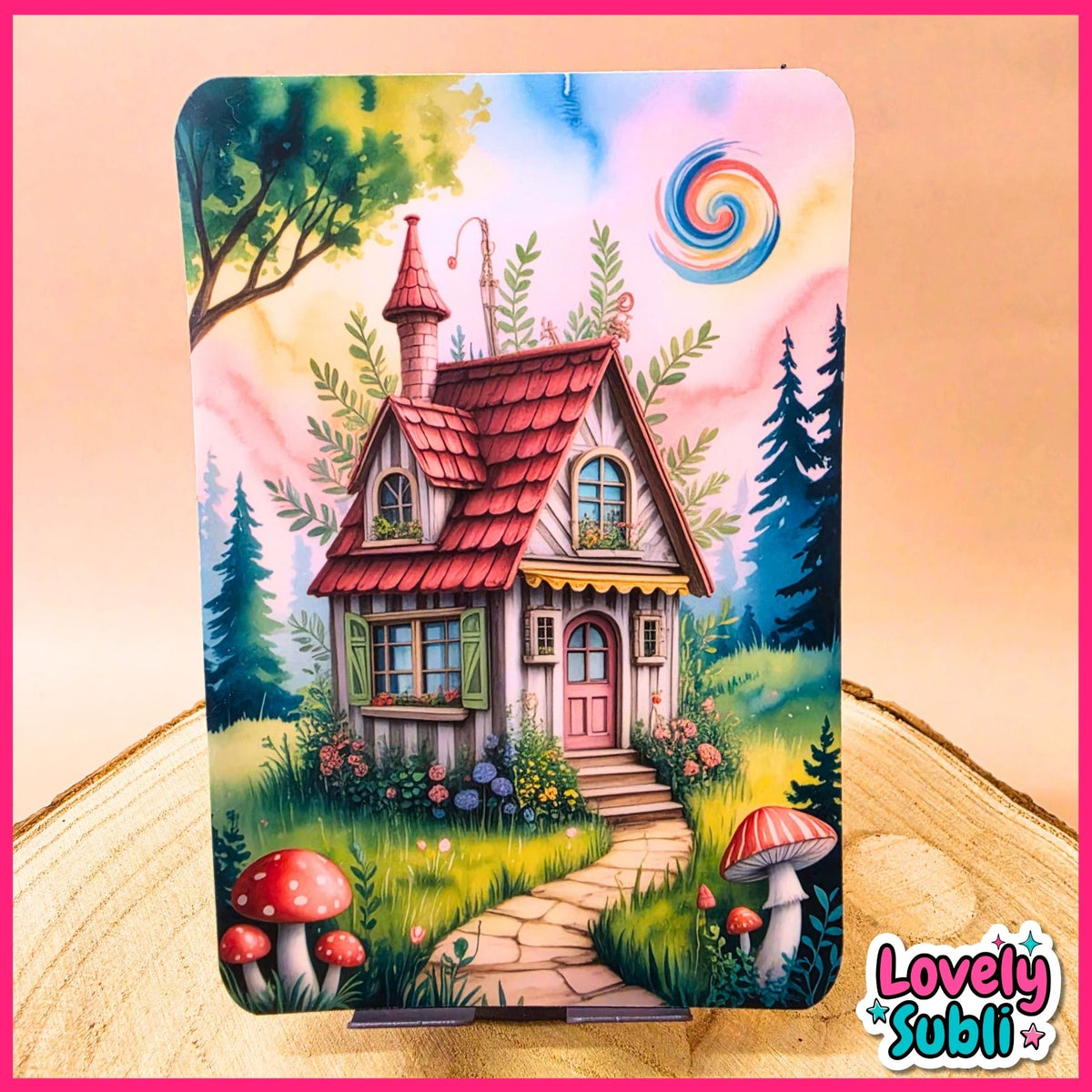 A colorful illustrated tin sign or plaque featuring a whimsical cottage scene with a red roof, green trees, flowers, mushrooms, and a spiral moon, displayed on a wooden surface with a pink border and a 'Lovely Subli' logo in the corner.
