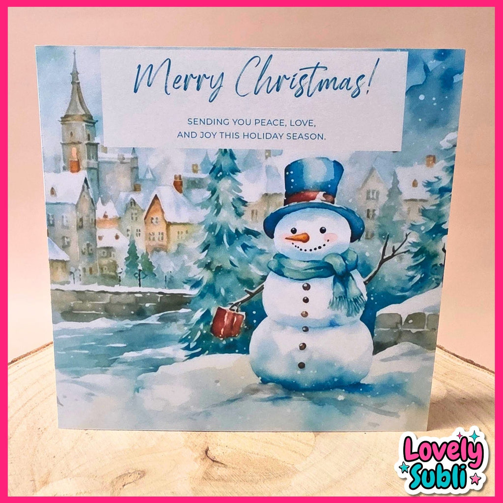 Snowman & Snowy Village - Square Christmas Card