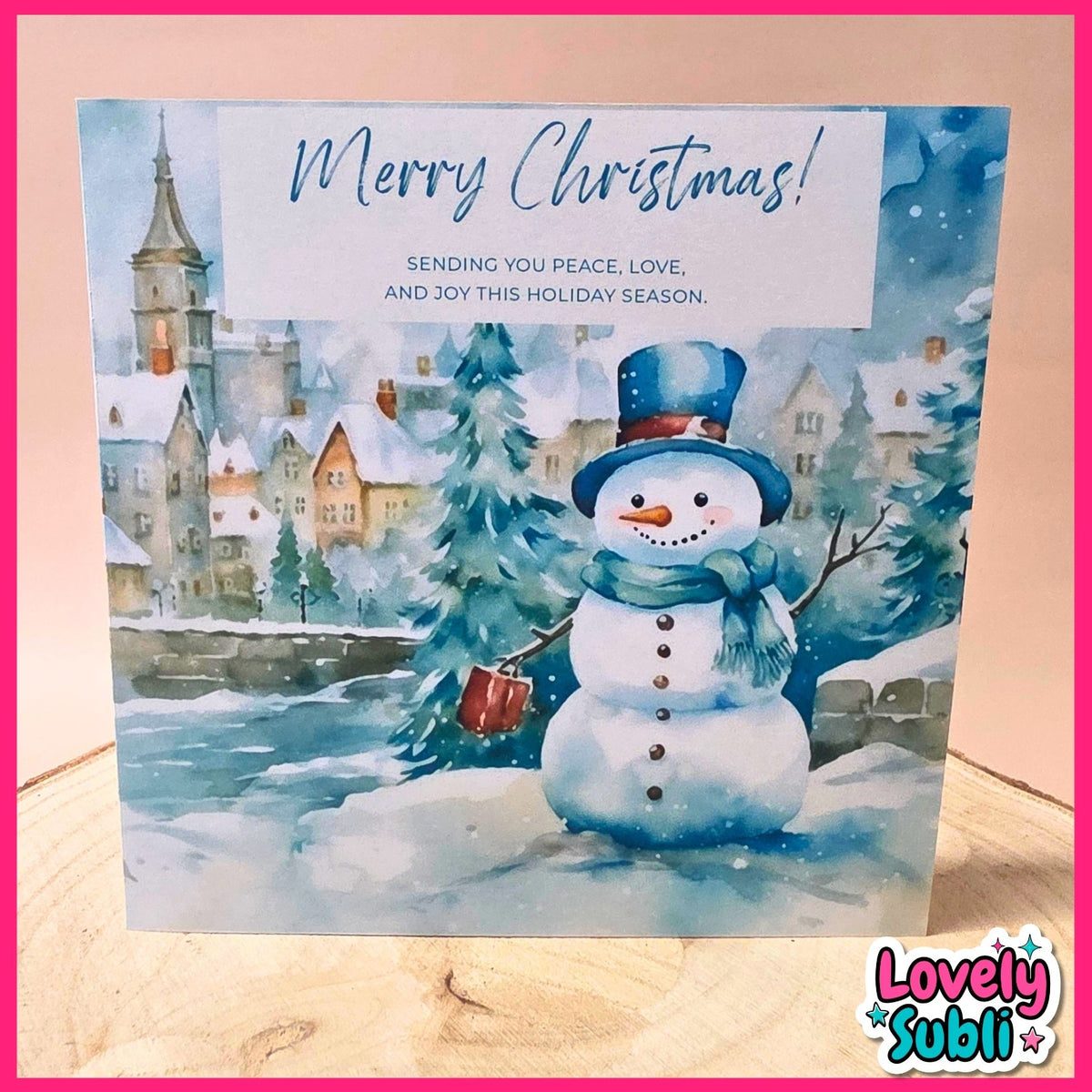 Snowman & Snowy Village - Square Christmas Card