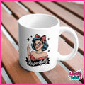 A white ceramic mug with a retro-style pin-up woman illustration and the word 'Respectfully' printed on it, placed on a wooden slatted surface. The mug has a pink border around the image and a 'Lovely Subli' watermark in the bottom right corner.