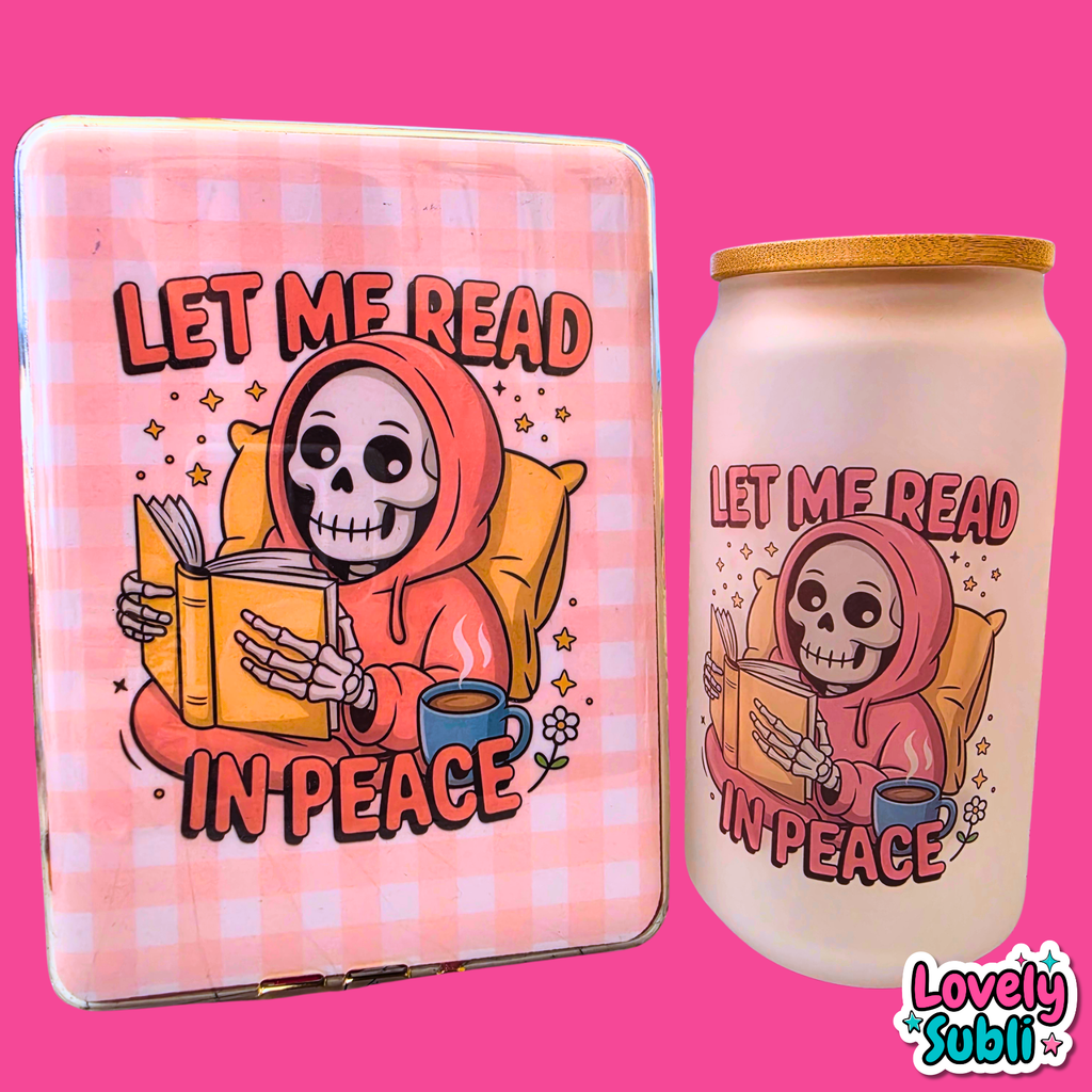 A matching metal tin and glass jar set with a pink gingham pattern, featuring a cartoon skeleton in a red hoodie reading a book on a yellow pillow, with the text 'LET ME READ IN PEACE' on a bright pink background.