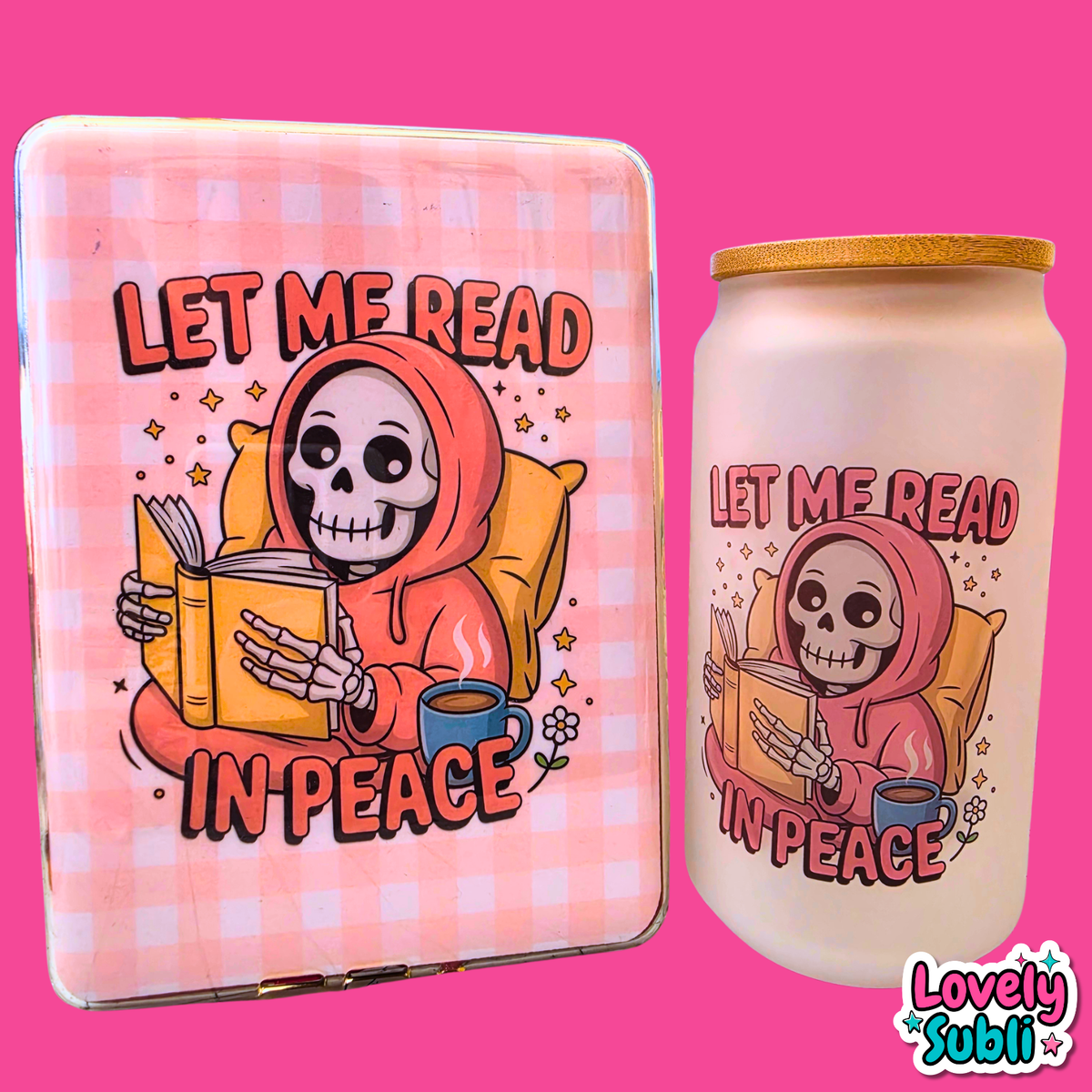A matching metal tin and glass jar set with a pink gingham pattern, featuring a cartoon skeleton in a red hoodie reading a book on a yellow pillow, with the text 'LET ME READ IN PEACE' on a bright pink background.