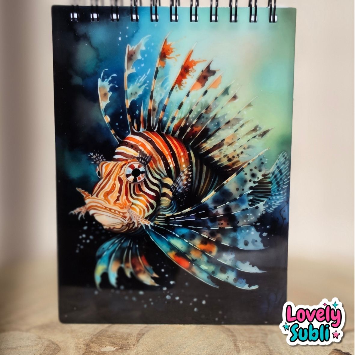A spiral-bound notebook featuring a vibrant, detailed illustration of a lion fish on the cover, set against a dark underwater background. The notebook is standing upright on a wooden surface with a neutral beige background.