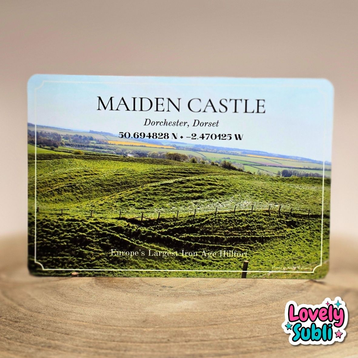 A rectangular A6 metal plaque featuring a landscape photo of green rolling hills under a pale blue sky, with the text 'MAIDEN CASTLE', coordinates, and 'Europe's Largest Iron-Are Hillfort'. The item sits on a wooden surface against a warm beige background.