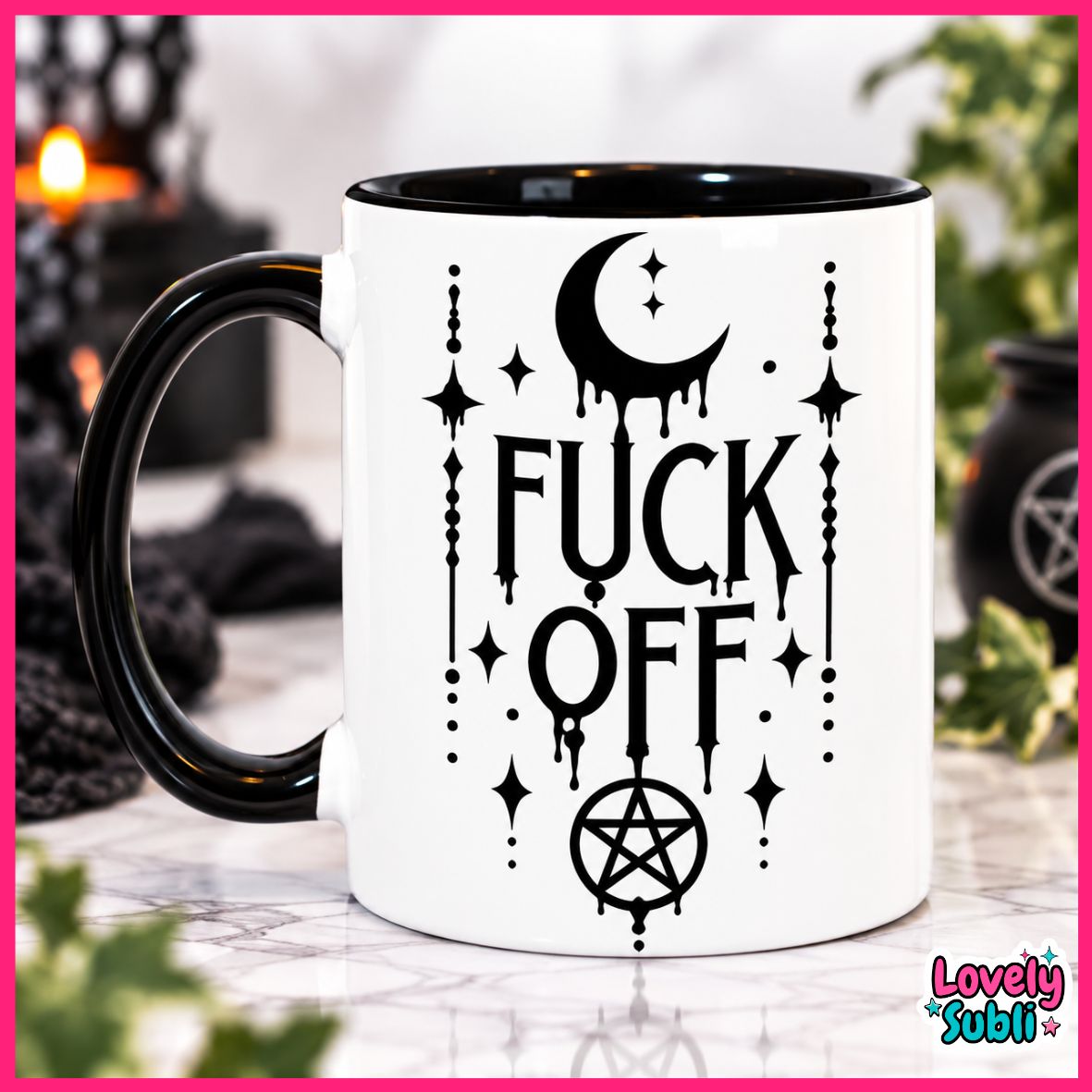 A white ceramic mug with a black handle and black interior, featuring a black graphic print of a dripping crescent moon, stars, vertical text reading 'FUCK OFF', and a pentagram. The mug is photographed on a marble-like surface with a blurred gothic-themed background.
