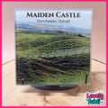 A square product display featuring a printed scenic image of rolling green hills with the text 'MAIDEN CASTLE Dorchester, Dorset' at the top, mounted on a black stand against a pink background with a wood slice surface.