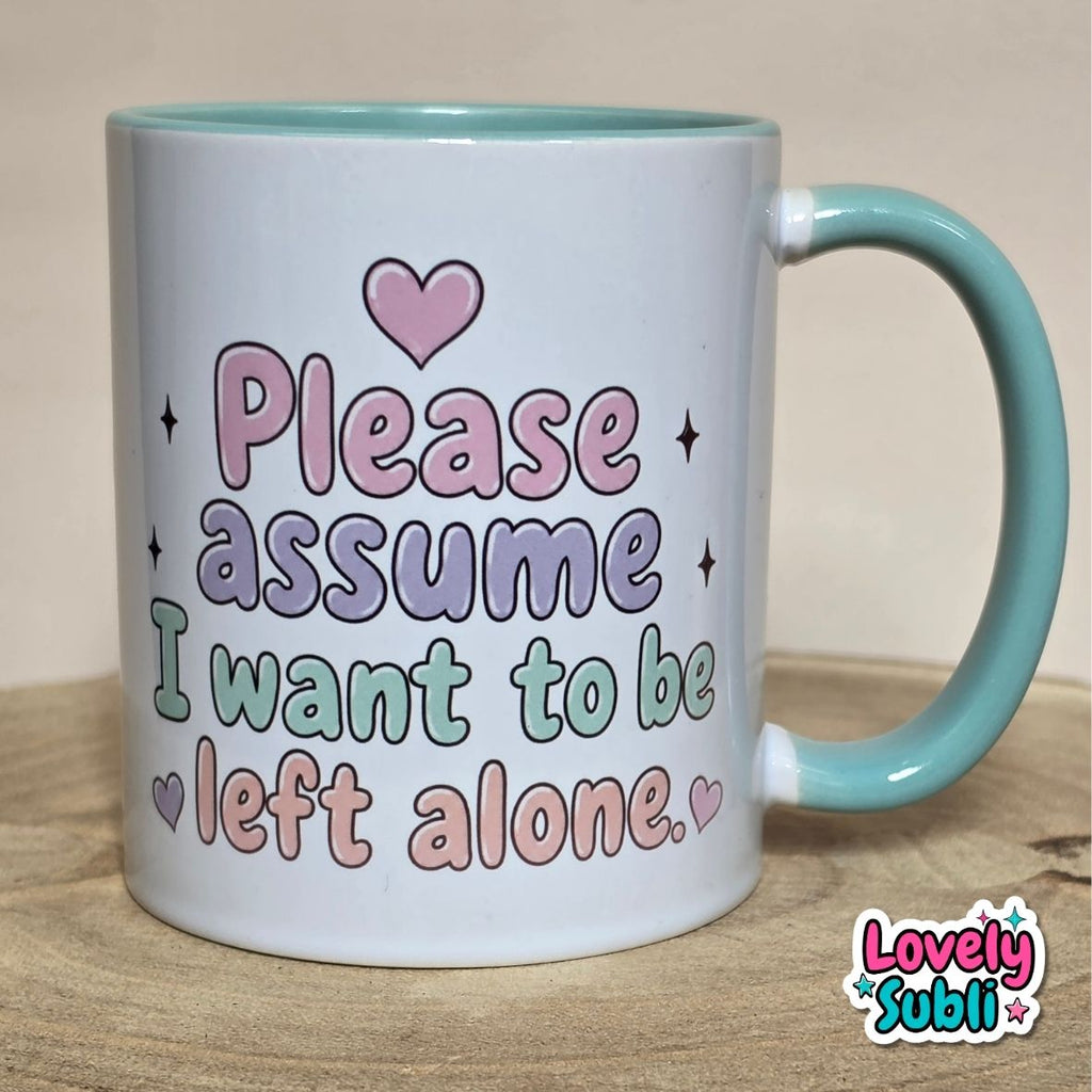 A white ceramic mug with a light teal handle and interior, featuring the text 'Please assume I want to be left alone.' in pastel pink, purple, and green lettering with small heart and star accents.